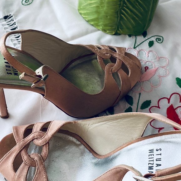 Pink Silk Stuart Weitzman Open Toe Slingback Heels - Picture 9 of 16